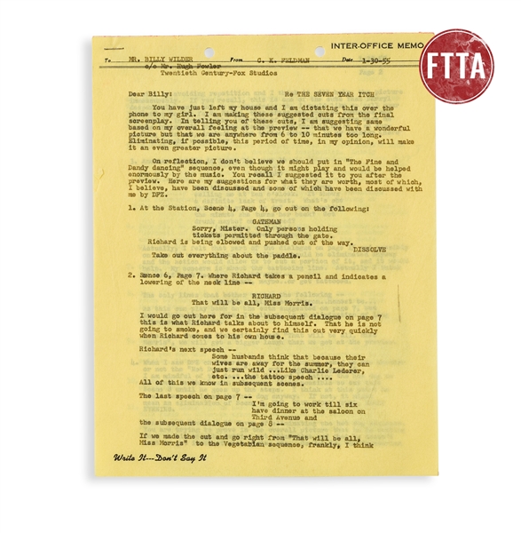 Script Notes to Billy Wilder Re Seven Year Itch