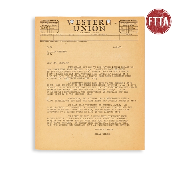 Billy Wilder Seven Year Itch Censorship Telegram