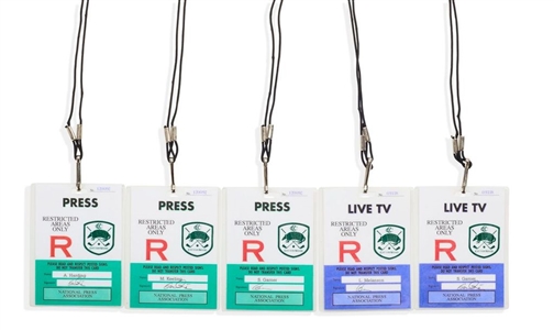 5 Prop Press Badges with Lanyards from Tin Cup