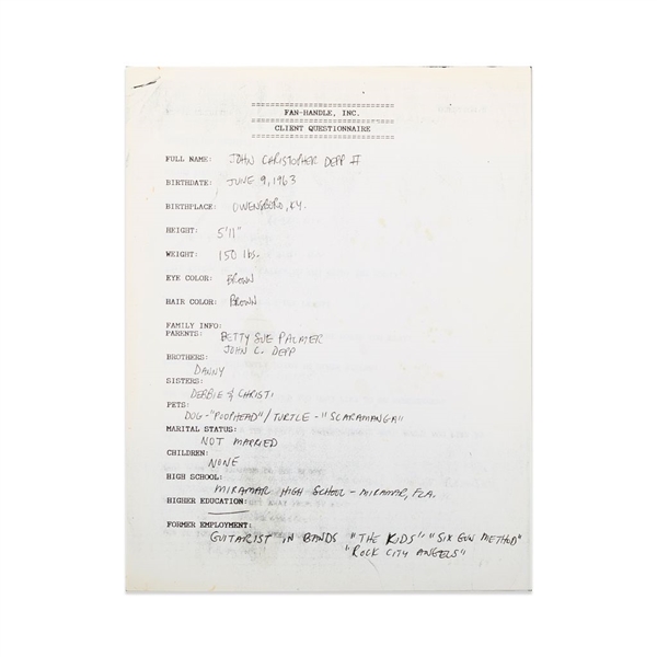 Johnny Depp Handwritten Printed Questionnaire