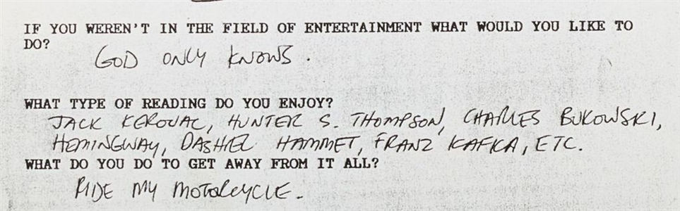 Johnny Depp Handwritten Printed Questionnaire