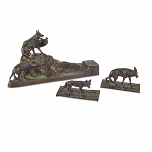 Brando Owned Bronze Wolves Inkwell Desk Set