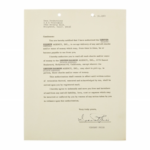 Vincent Price Signed Pay Authorization Letter for The Danny Kaye Show.